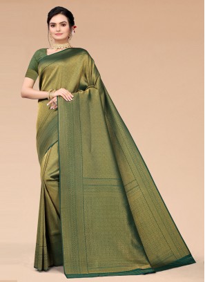 Dignified Silk Blend Woven Green Classic Saree