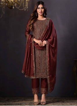 Dignified Swarovski Georgette Brown Straight Salwar Kameez