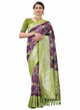 Dignified Weaving Green and Purple Kanjivaram Silk Contemporary Saree