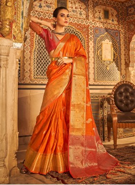 Dilettante Tussar Silk Orange Weaving Contemporary Saree
