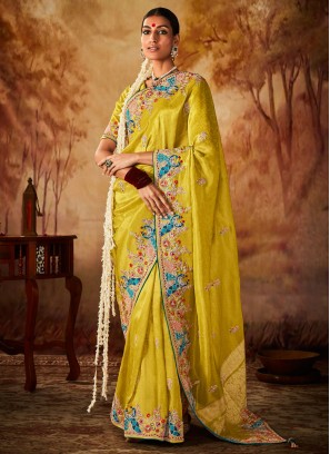 Dilettante Weaving Yellow Kanjivaram Silk Contemporary Saree