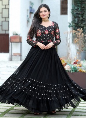 Distinctive Embroidered Black Faux Georgette Floor Length Gown