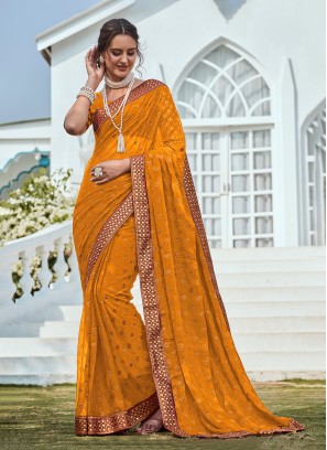 Distinctive Embroidered Yellow Shimmer Traditional Saree
