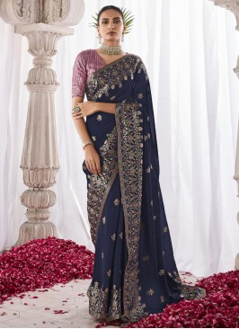 Distinctive Navy Blue Silk Designer Saree