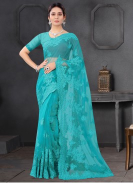 Distinctive Net Blue Resham Classic Designer Saree