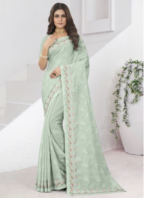 Distinctive Resham Sea Green Trendy Saree