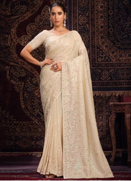 Distinctive Zircon Cream Georgette Trendy Saree
