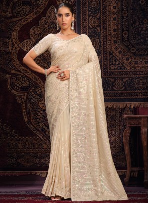 Distinctive Zircon Cream Georgette Trendy Saree