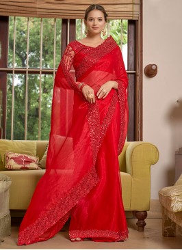 Distinctively Chiffon Lace Red Trendy Saree