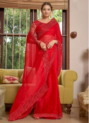 Distinctively Chiffon Lace Red Trendy Saree