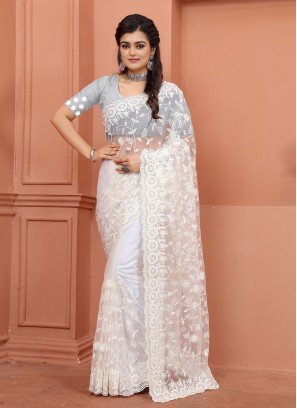 Distinctively Embroidered Net Off White Designer Saree