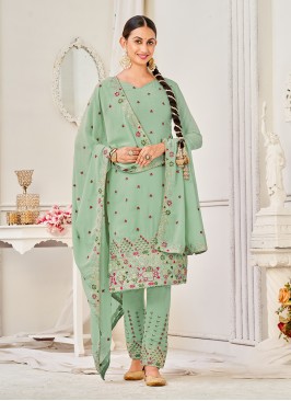 Distinctively Embroidered Sea Green Faux Georgette Trendy Salwar Suit