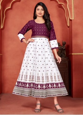 Distinctively Foil Print Rayon White Designer Kurti