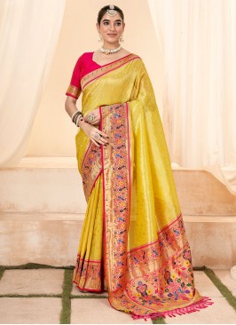 Distinctively Handloom silk Jacquard Work Yellow Trendy Saree