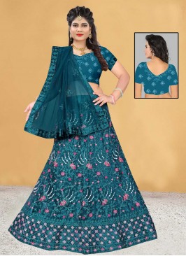 Distinctively Net Embroidered Morpeach  Trendy Lehenga Choli