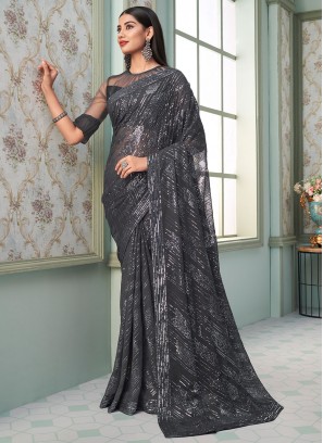 Distinctively Sequins Georgette Grey Saree
