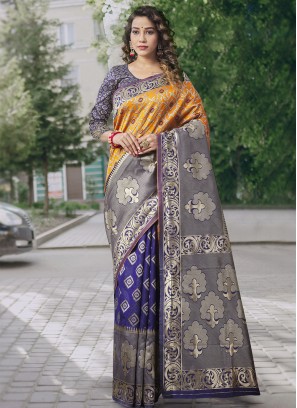 Distinctively Weaving Purple and Yellow Traditional Designer Saree