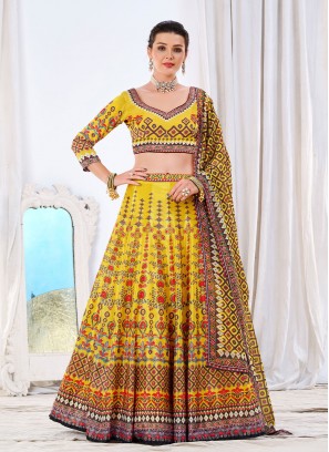 Distinguishable Chinon Yellow Digital Print A Line Lehenga Choli