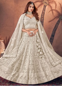 Distinguishable Cream Embroidered Georgette A Line Lehenga Choli