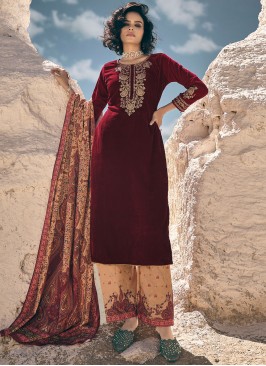 Distinguishable Embroidered Maroon Velvet Pakistani Salwar Suit