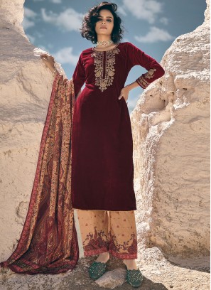Distinguishable Embroidered Maroon Velvet Pakistani Salwar Suit