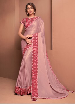 Distinguishable Embroidered Pink Georgette Satin Trendy Saree