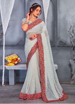 Distinguishable Georgette Off White Trendy Saree