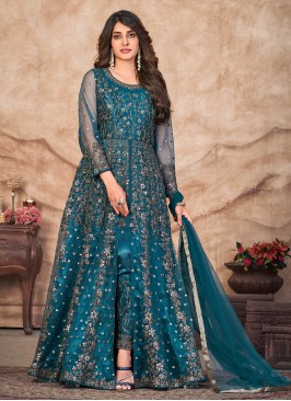 Distinguishable Net Teal Salwar Kameez