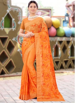 Distinguishable Orange Embroidered Designer Saree