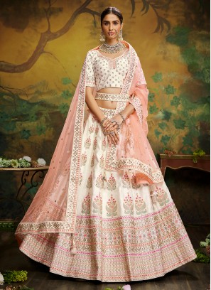 Distinguishable Silk Off White Embroidered A Line Lehenga Choli