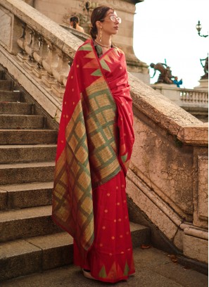 Distinguishable Weaving Khadi Silk Red Designer Saree