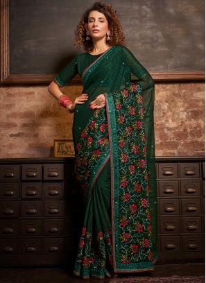 Divine Embroidered Green Chinon Trendy Saree