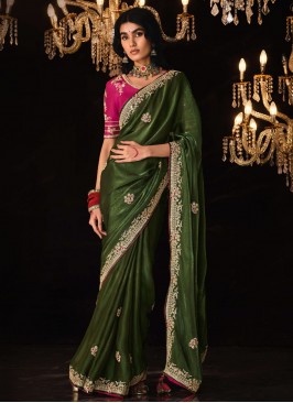 Divine Fancy Fabric Green Embroidered Trendy Saree
