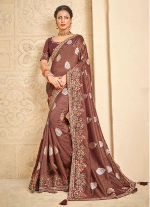 Divine Khadi Silk Floral Patterns Brown Contemporary Saree