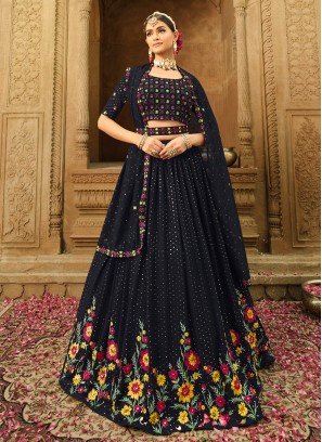 Divine Blue Embroidered Georgette Festive Wear Lehenga Choli