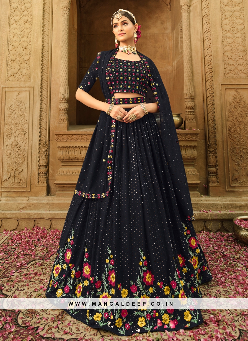 Divine Blue Embroidered Georgette Festive Wear Lehenga Choli