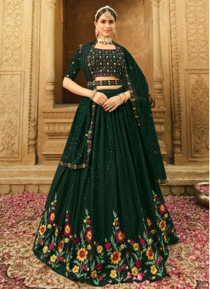 Divine Green Embroidered Georgette Festive Wear Lehenga Choli