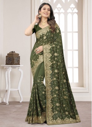 Divine Vichitra Silk Green Embroidered Contemporary Saree