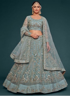 Dori Work Net Lehenga Choli in Aqua Blue