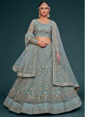 Dori Work Net Lehenga Choli in Aqua Blue