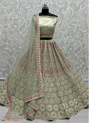 Dori Work Net Trendy Lehenga Choli in Green