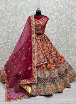 Dori Work Velvet Lehenga Choli in Rani