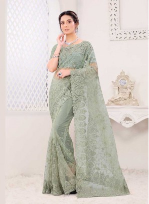 Dusty Green Color Net Saree