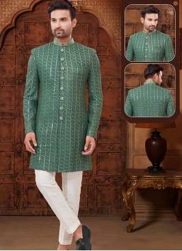 Green and Off White Georgette Indo-Western Ensemble with Sequence and Abla work.