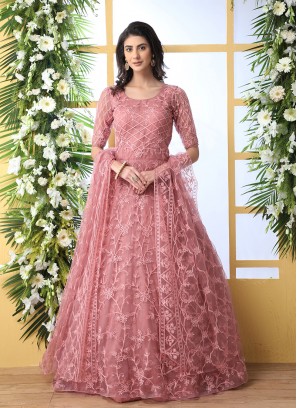 Dusty Peach Color Net Anarkali Gown