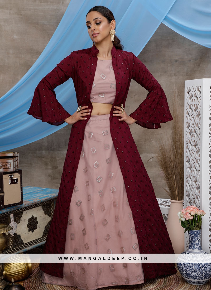 dusty pink color net crop top lehenga with jacket 35663