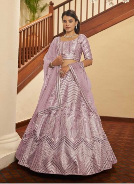 Dusty Pink Color Silk Thread Work Sangeet Wear Lehenga