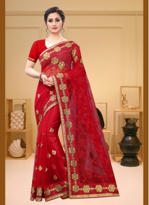 Elegant Embroidered Red Contemporary Saree