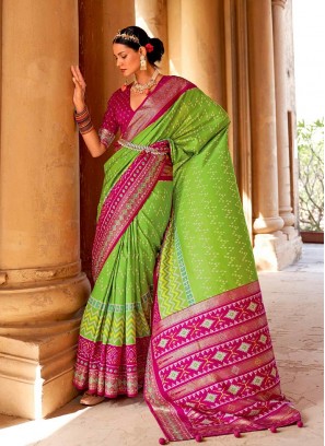 Elegant Green Color Patola Silk Saree