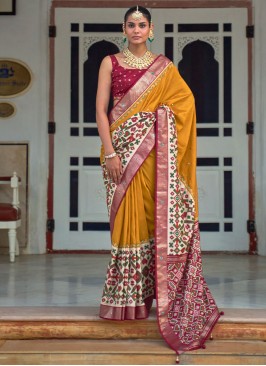 Elegant Mustard Aariwork Patola Silk  Classic Saree